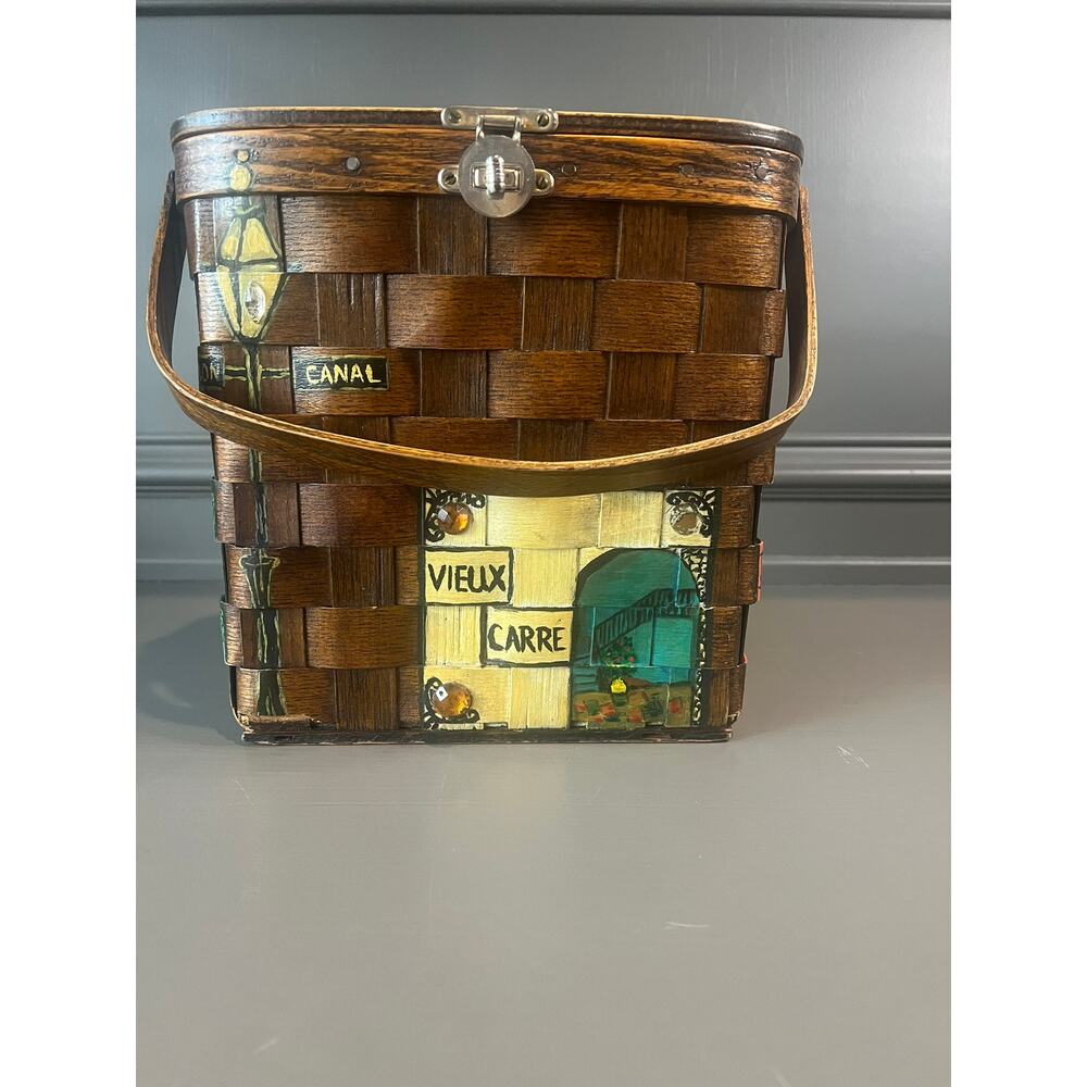 Vintage Basketville J. Hussey Handpainted Basket Purse NOLA 9.5x4.5x9.5 Boho